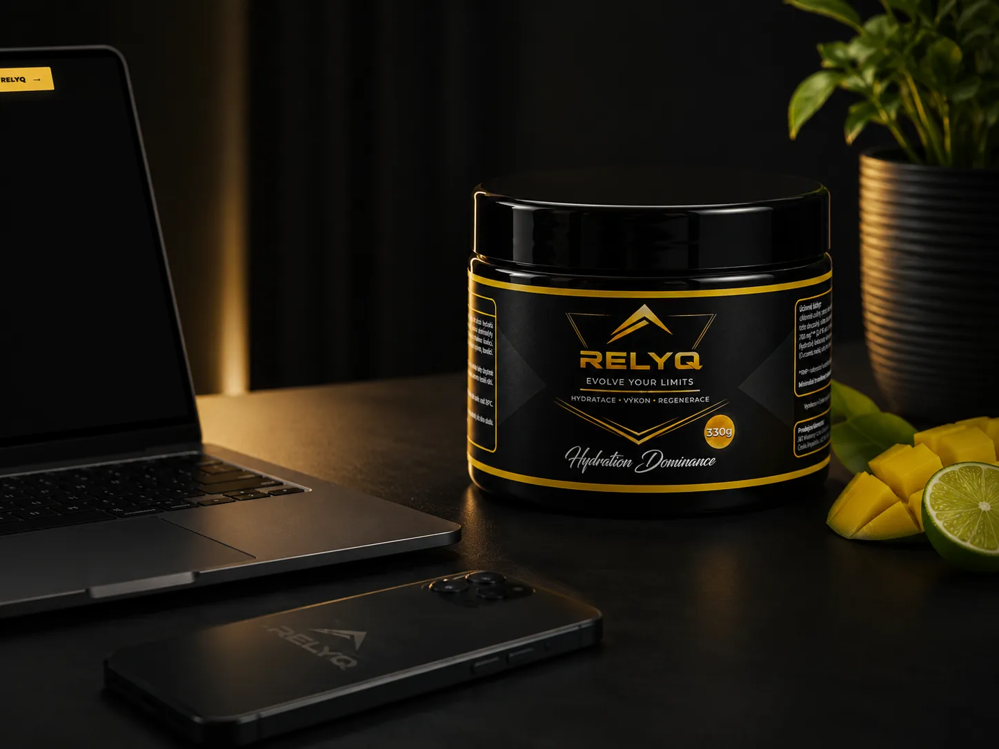 RELYQ Performance Electrolytes na tmavém pracovním stole s notebookem, mangem a limetkou